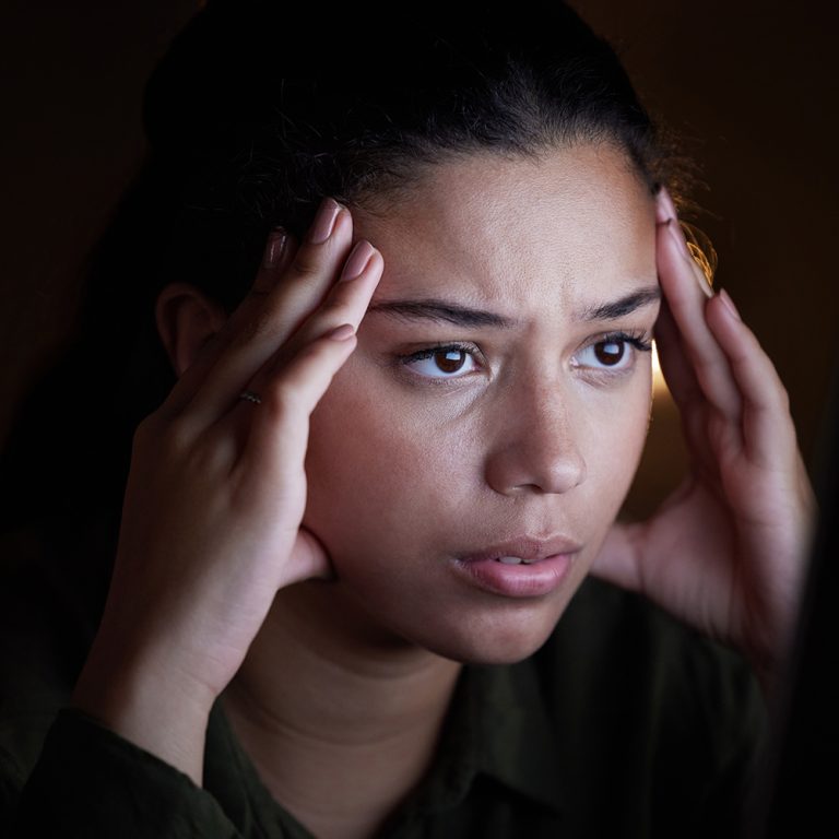 Headache, stress and woman working at night in office,  unhappy and frustrated with internet glitch.